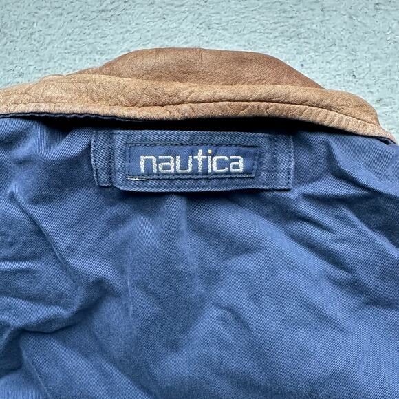 Vintage 90s Nautica Leather Collar Twill Bomber Jacket Mens XL Navy Red Full Zip - Picture 14 of 16